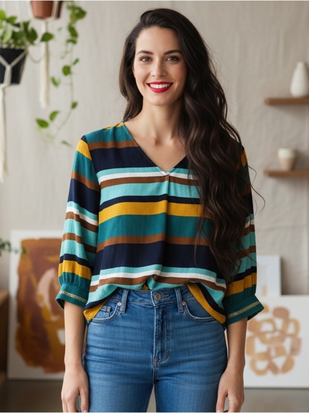 Cream Multicolor 3/4 Sleeve Striped Blouse Top Size XS (34)
